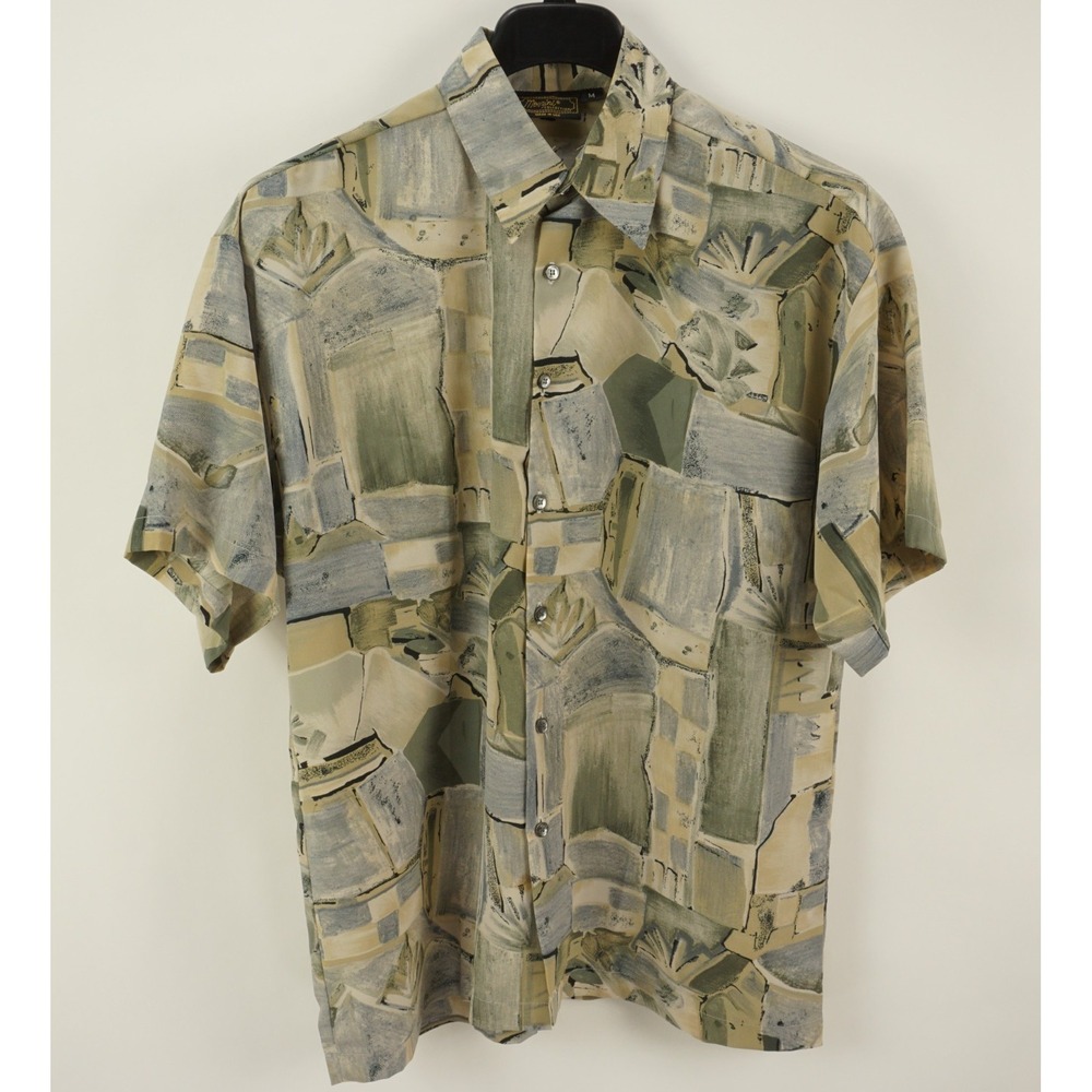 Monzini Abstract Art Geometric Button Up Shirt Men's Medium Beige Green Gray USA